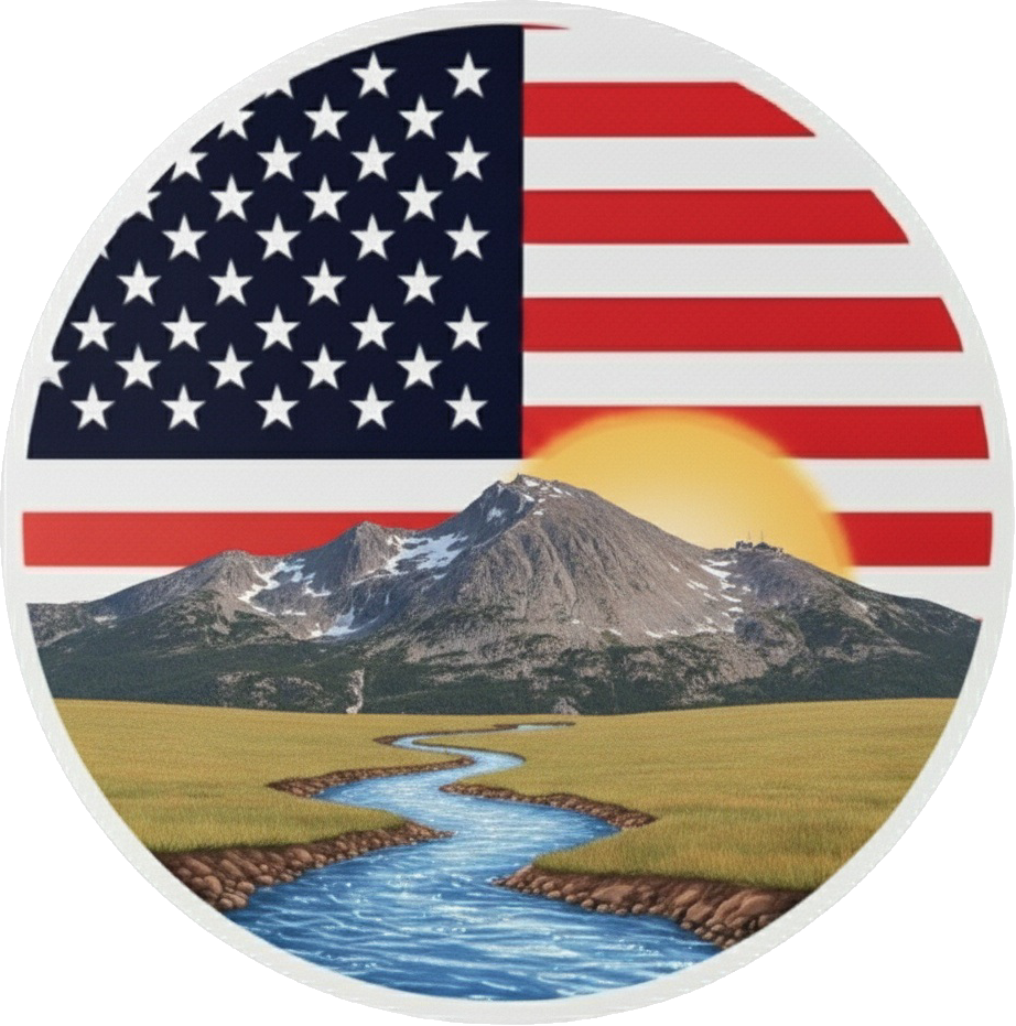 American Martial Arts Foundation mountain, river, sunrise and American flag emblem